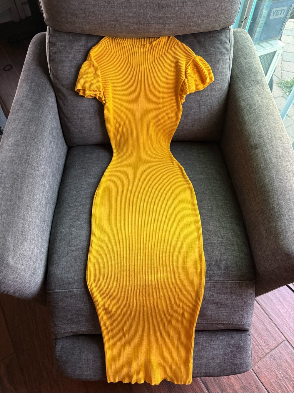 Fashion Nova Mustard Yellow Ribbed Midi Dress with Puff Sleeves